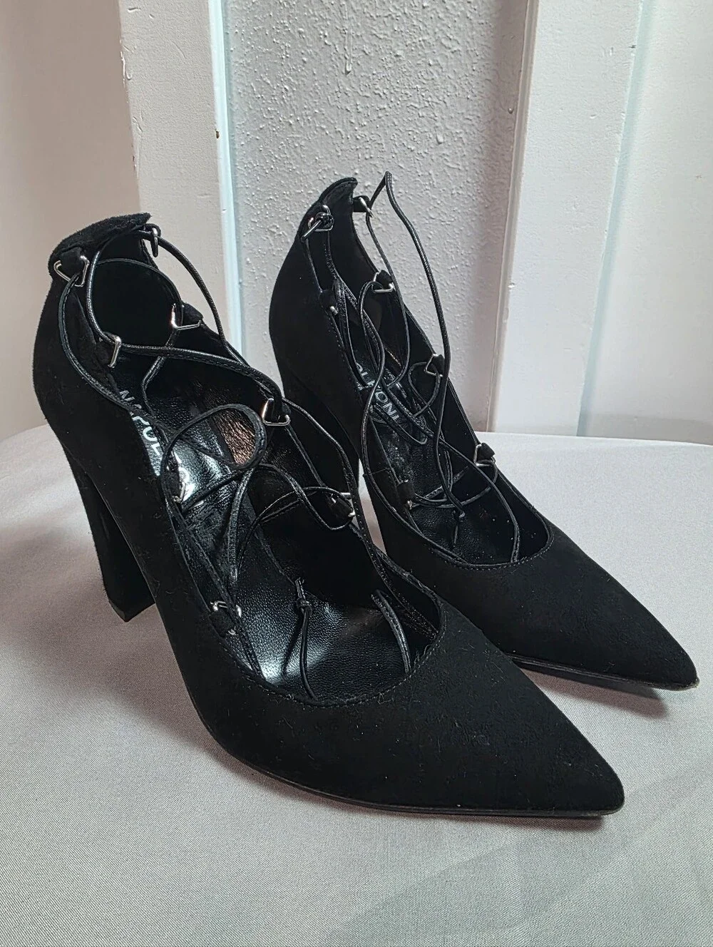 NAPOLEONI Black Suede Lace-Up Pointed Toe Block Heel Pumps Made in Italy Size 37